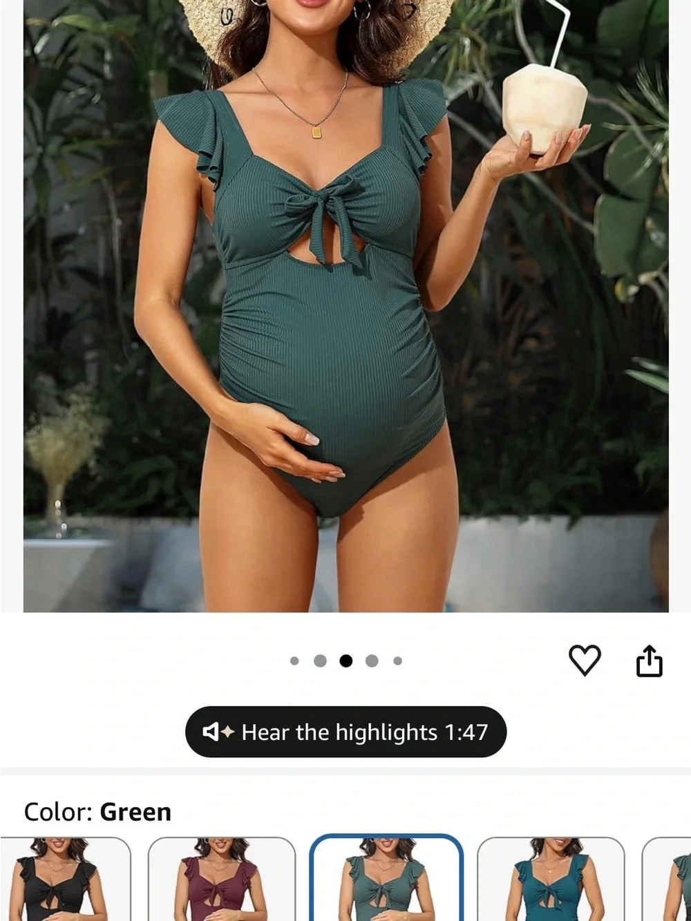 Maternity Green One-Piece Swimsuit with Front Tie and Ruffle Straps